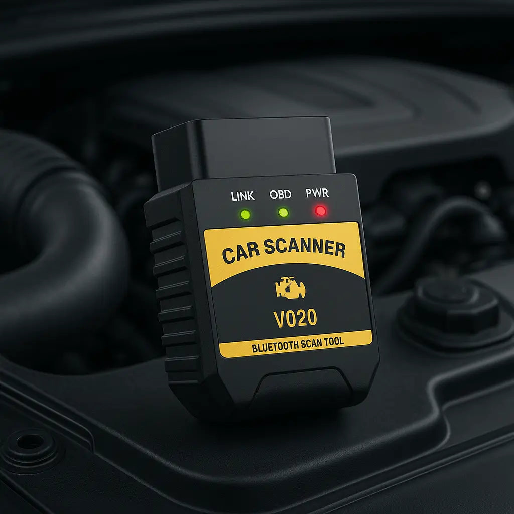 OBD2 Bluetooth bilskanner modell V020 fra Fjellstad Auto, plassert på bilmotor