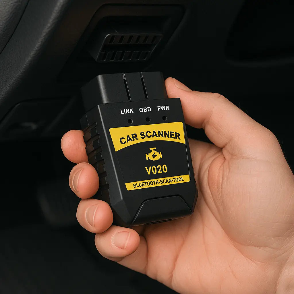 Hånd som holder en OBD2 bilscanner modell V020 med Bluetooth, klar til å plugges inn i OBD2-porten under dashbordet for å lese bilens feilkoder.